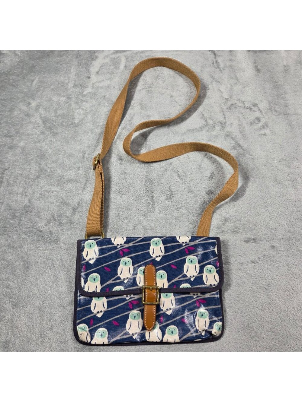 Fossil Purse Navy Blue Owl Coated Canvas Keyper Mini Slim Crossbody Bag Travel